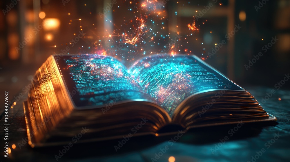 Poster a high-tech digital book opened on a futuristic device, showcasing interactive learning elements and