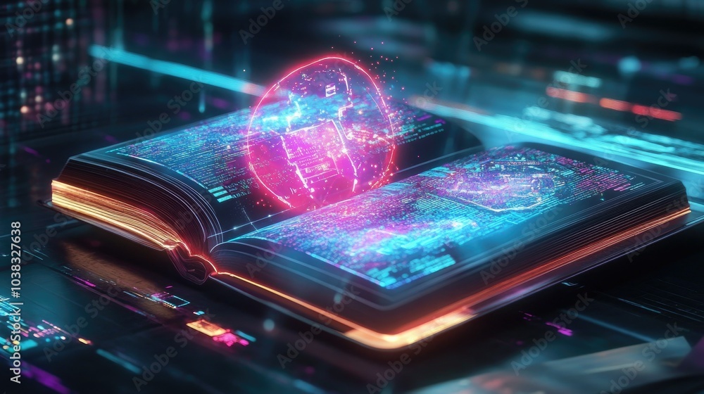 Poster a high-tech digital book opened on a futuristic device, showcasing interactive learning elements and