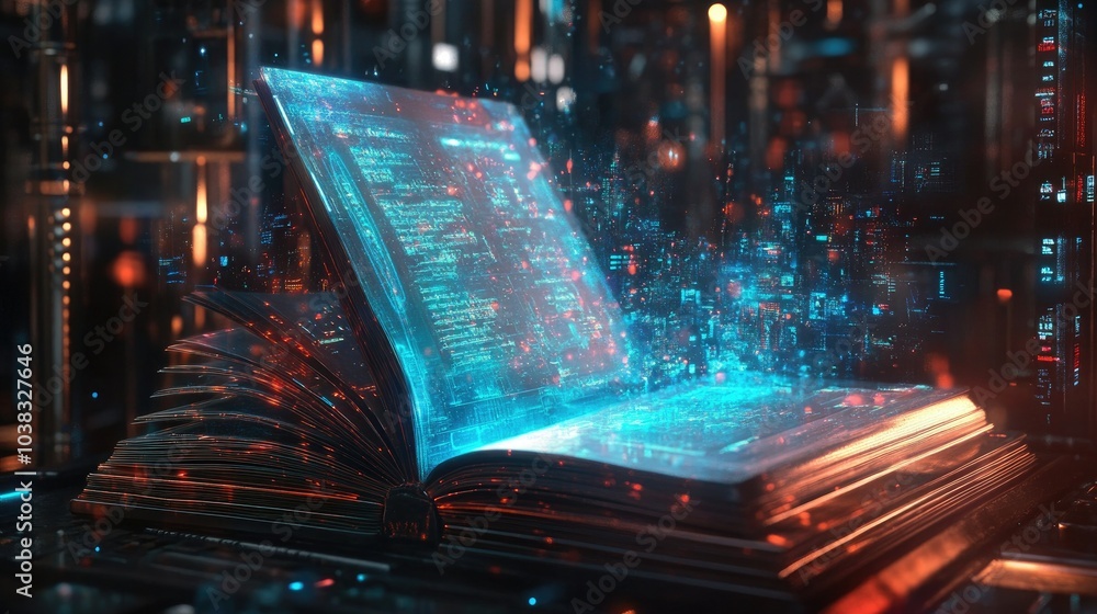 Poster a high-tech digital book opened on a futuristic device, showcasing interactive learning elements and