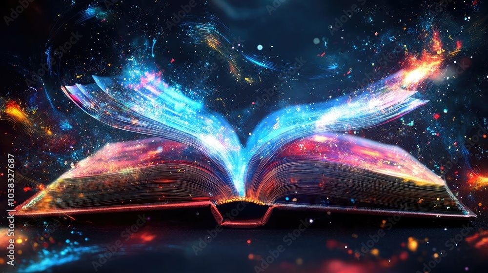 Aufkleber a high-tech digital book opened on a futuristic device, showcasing interactive learning elements and