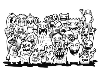 Hand-drawn illustrations, monsters doodle, Hand Drawn cartoon monster illustration,Cartoon crowd doodle hand-drawn Doodle style.black and white stripes coloring  book.