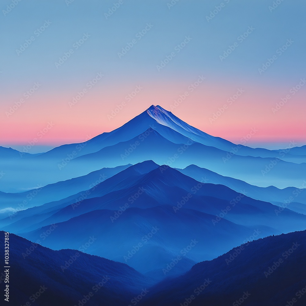 Poster sharp singular mountain peak rises above the horizon framed by a serene gradient sky shifting from c