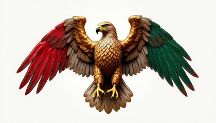 Gold eagle flying on the background of mexican flag. Animal symbol of country, national pride, celebration concept.