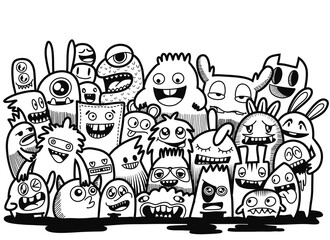 Hand-drawn illustrations, monsters doodle, Hand Drawn cartoon monster illustration,Cartoon crowd doodle hand-drawn Doodle style.black and white stripes coloring  book.