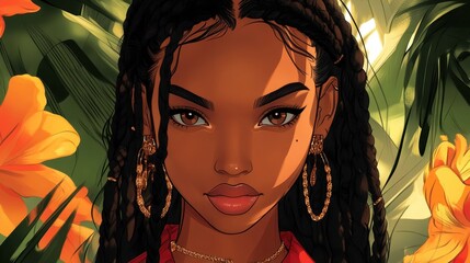 Cartoon virtual anime avatar of black young woman with hair and jewelry