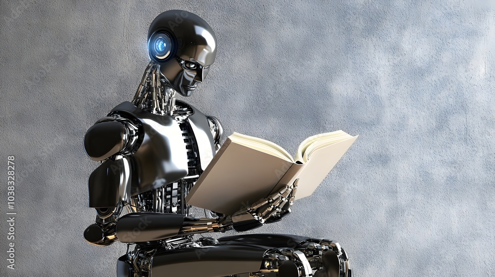 Aufkleber a metallic robot sits and reads a book in front of a gray background.