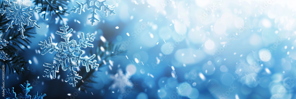 Poster horizontal wide banner with snowflakes with empty copy space. background of light blue with snowflak