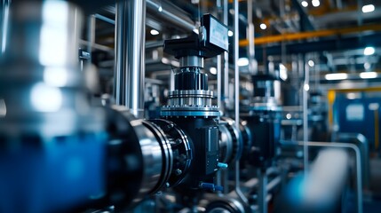 Fototapeta premium A large industrial area with many machines and pipes. Scene is industrial and mechanical