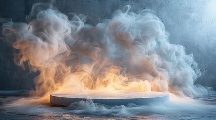 Abstract stage with white smoke and light in front of concrete wall.