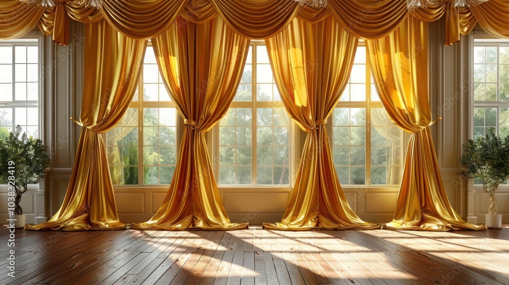 Poster sunlight streams through three large windows draped with golden curtains in an elegant room with woo