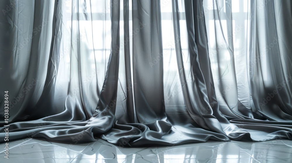Poster grey curtains with sunlight streaming through, creating a soft and gentle light in the room.