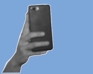 close up of hand holding smartphone pixelate grayscale color halftone dotted texture style collage element isolated on blue background