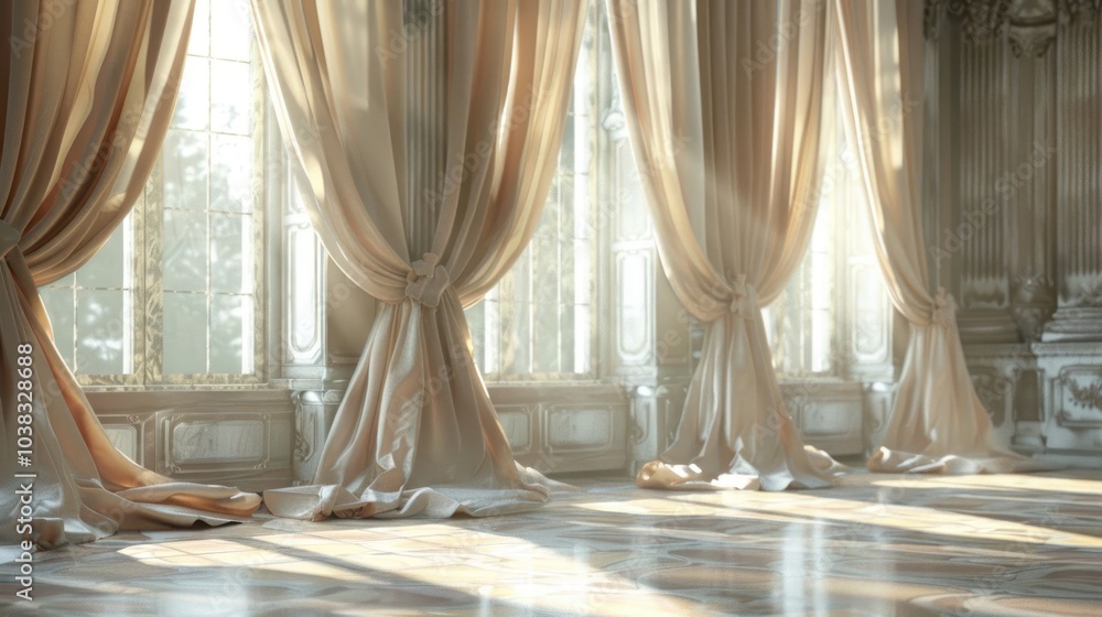 Poster sunlight streams through large windows with elegant drapes in a grand room.