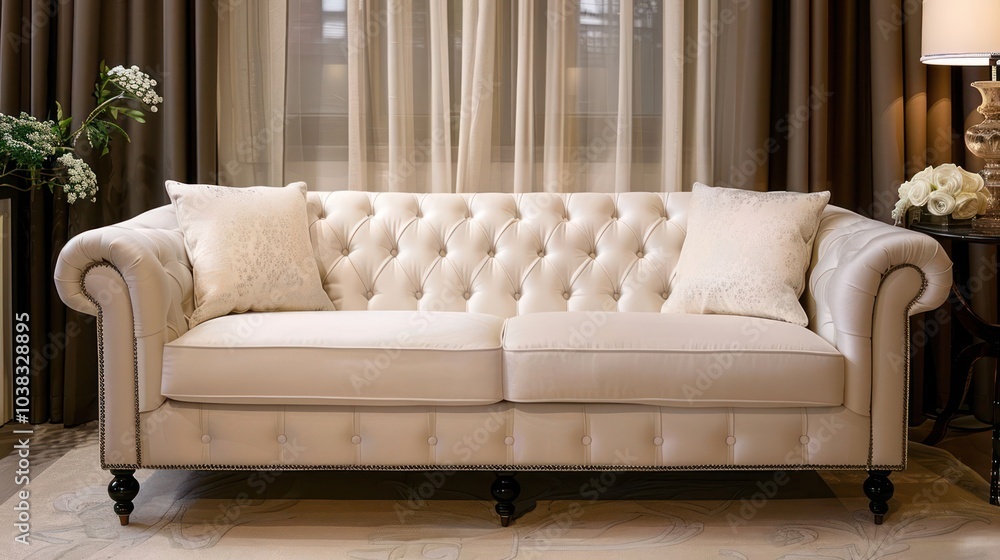 Wall mural a white tufted sofa with two pillows, sits in front of a window with sheer curtains, in a living roo