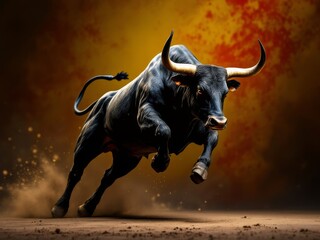 Bull in motion on textured background with colors of Spain flag. Animal symbol of country, national pride, celebration concept.