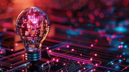 Digital innovation in a neon bulb on the blur of modern technology