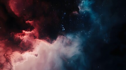 Obraz premium A vibrant nebula in space, with red, blue, and white clouds.