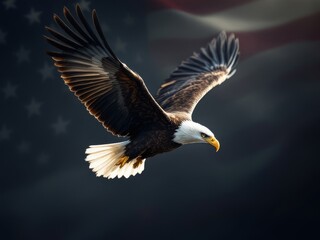 Obraz premium Bald eagle flying on the background of american flag. Animal symbol of country, national pride, celebration concept.