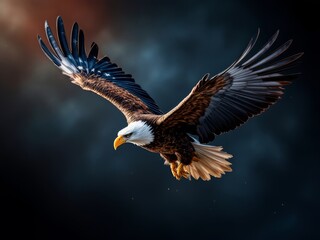 Fototapeta premium Bald eagle flying on the background of american flag. Animal symbol of country, national pride, celebration concept.