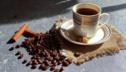 Filiżanka kawy stojąca na stole wokół rozsypane ziarna kawy oraz laska cynamonu i anyż  © wojtekm