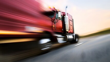 Red semi-truck speeding down the highway.