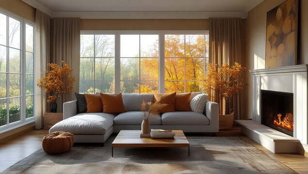Image autumn minimalist living room with morning sun

