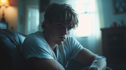 In a softly lit living space, a young man appears lost in thought, showcasing a somber mood that resonates with feelings of depression and introspection
