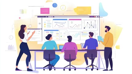 Diverse team using smart tools for collaborative project planning, illustration