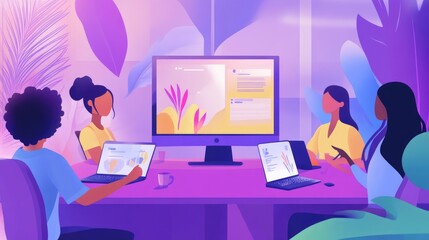 Diverse team using smart tools for collaborative project planning, illustration