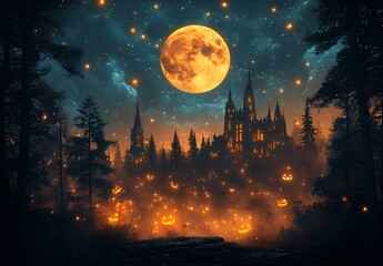 Naklejka premium a castle with a full moon in the sky