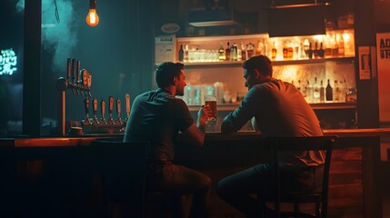 Two men chat at a dimly lit bar.