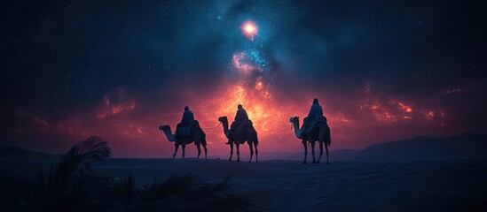 Naklejka premium Three wise men riding camels under a bright star in the desert night.