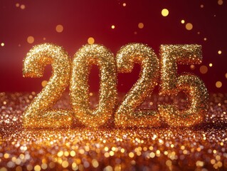 Golden 2025 Sparkling Against a Festive Red and Gold Glittering Background