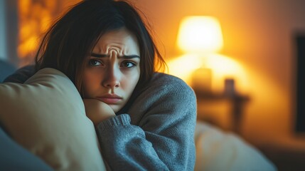 A young woman sits curled up on a couch, hugging her knees tightly. Her expression reveals her internal struggle with feelings of sadness and isolation in the cozy warmth of evening light