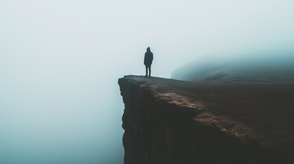 Fototapeta premium A person stands alone on a fog-covered cliff, gazing into the vast abyss below. The mood is introspective and heavy, evoking feelings of solitude and contemplation