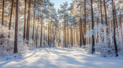 Naklejka premium Serene Winter Forest with Snow and Frosty Trees