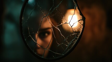In a dimly lit space, a cracked mirror distorts the reflection of a person’s face, capturing a moment of deep emotional struggle and introspection, evoking feelings of depression