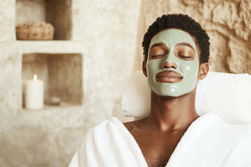 Young African American man wearing a white bathrobe is relaxing on a massage table with a green clay mask on his face in a spa
