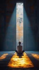Fototapeta premium A person sits alone in a sparse, muted space, enveloped in deep contemplation. The warm light from a tall window accentuates the mood of introspection and isolation