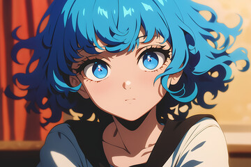 anime girl with curly wavy blue hair, anime style