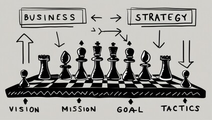 A hand-drawn illustration depicting a chessboard with chess pieces representing different aspects of business strategy, including vision, mission, goal, tactics, and the relationship between business 