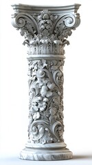Sleek modernstyle marble pillar with intricate carvings isolated on a pristine white background perfect for highlighting the beauty of ancient craftsmanship in a minimalist setting