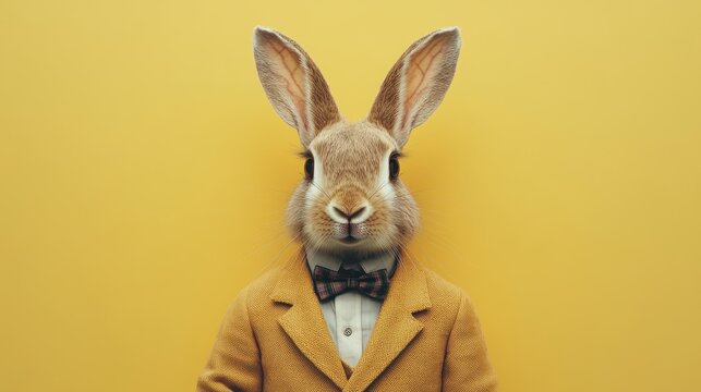 Abstract, creative, illustrated, minimal portrait of a wild animal dressed up as a man in elegant clothes. A rabbit standing on two legs in vintage costume.
