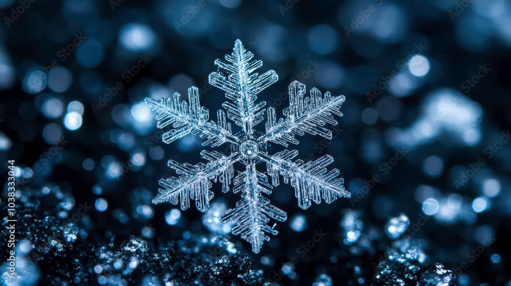 Poster a single, intricate snowflake rests on a black background with blurred bokeh lights.