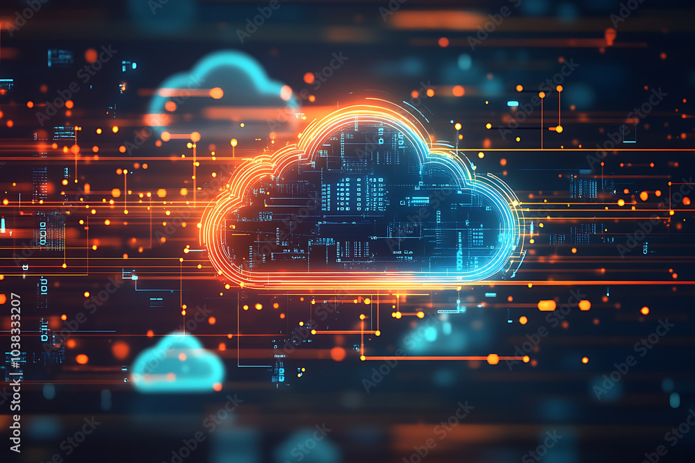 Poster digital cloud with data streams and connections, representing cloud computing technology.