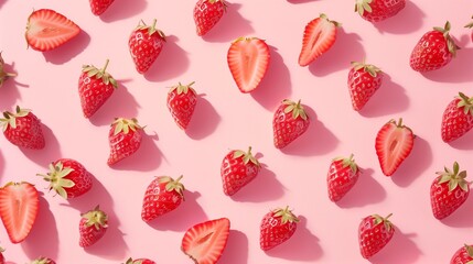 Strawberry fresh red fruit organic healthy snack food pattern on pink background