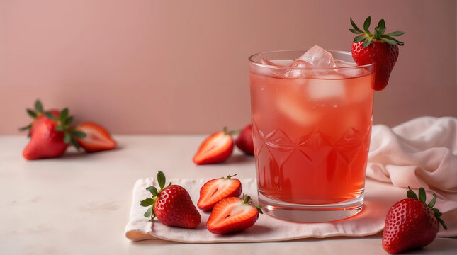 Strawberry morsel in a glass rox glass. Strawberry juice with ice and decorated cobnica on a glass. Strawberry cocktail with ice. 