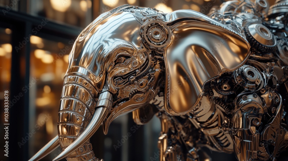Poster Mechanical Elephant with Soft Glow in Modern Setting