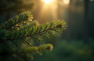 Spruce branches on the background of a beautiful forest.