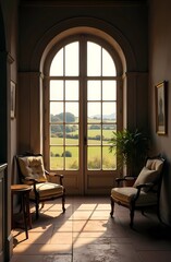 Beautiful architecture of the house overlooking the sunny landscape